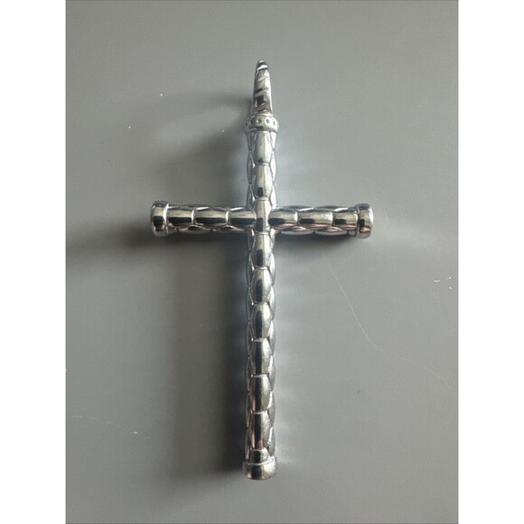 Vintage Jewelry Silver Tone Religious Cross Pendant 2.5 Inch Stainless Steel - Picture 1 of 6